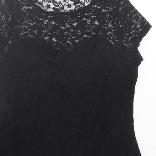 Definitions Womens Black Floral Polyamide Basic T-Shirt Size 14 Crew Neck