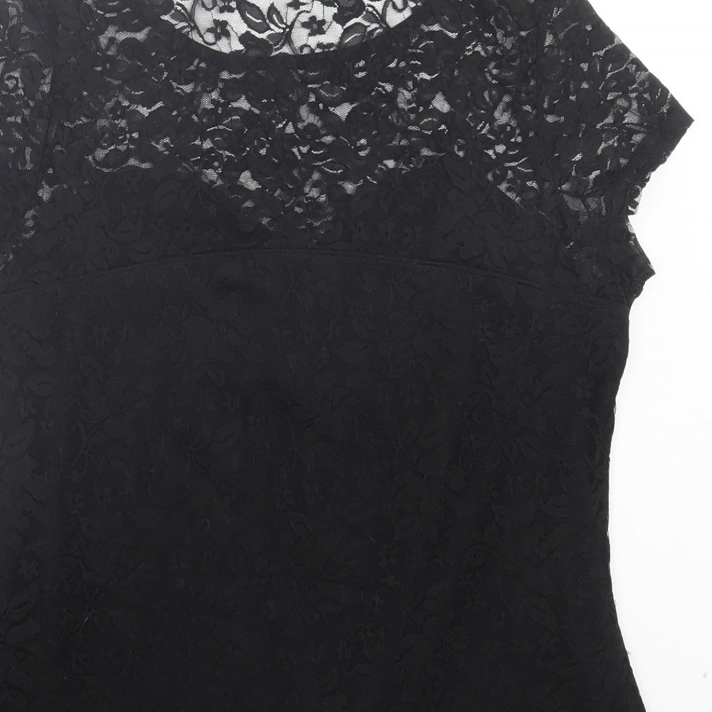 Definitions Womens Black Floral Polyamide Basic T-Shirt Size 14 Crew Neck