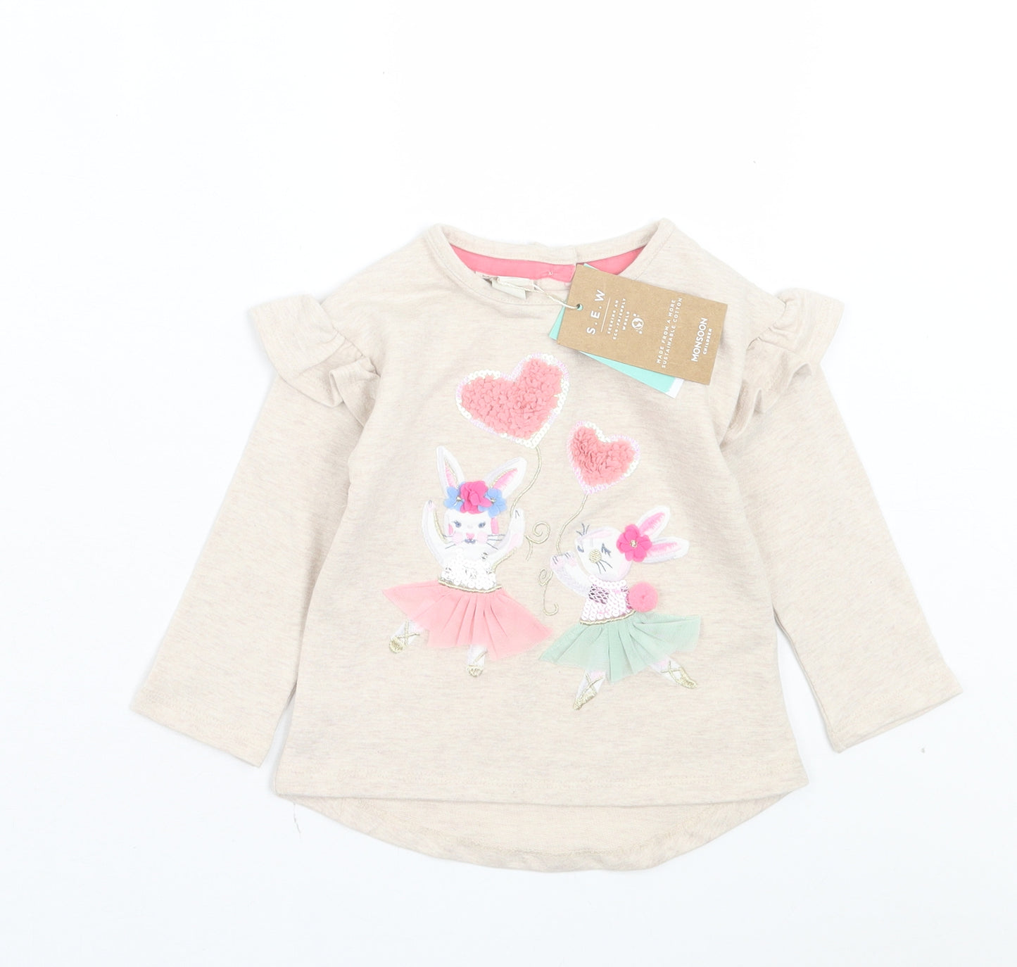 Monsoon Girls Beige Cotton Basic Casual Size 12-18 Months Crew Neck Button - Rabbit