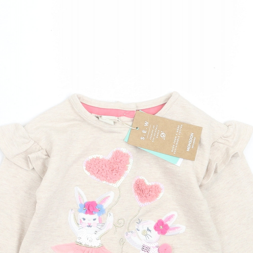 Monsoon Girls Beige Cotton Basic Casual Size 12-18 Months Crew Neck Button - Rabbit