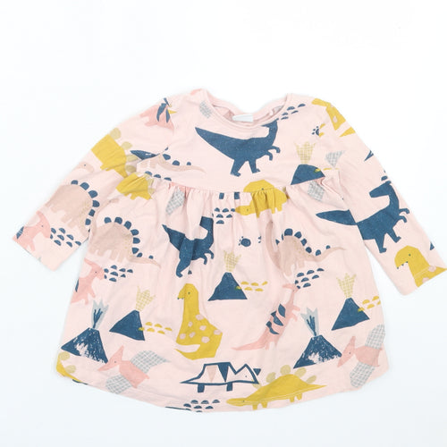NEXT Girls Pink Geometric Cotton A-Line Size 12-18 Months Crew Neck Pullover - Dinosaur Print