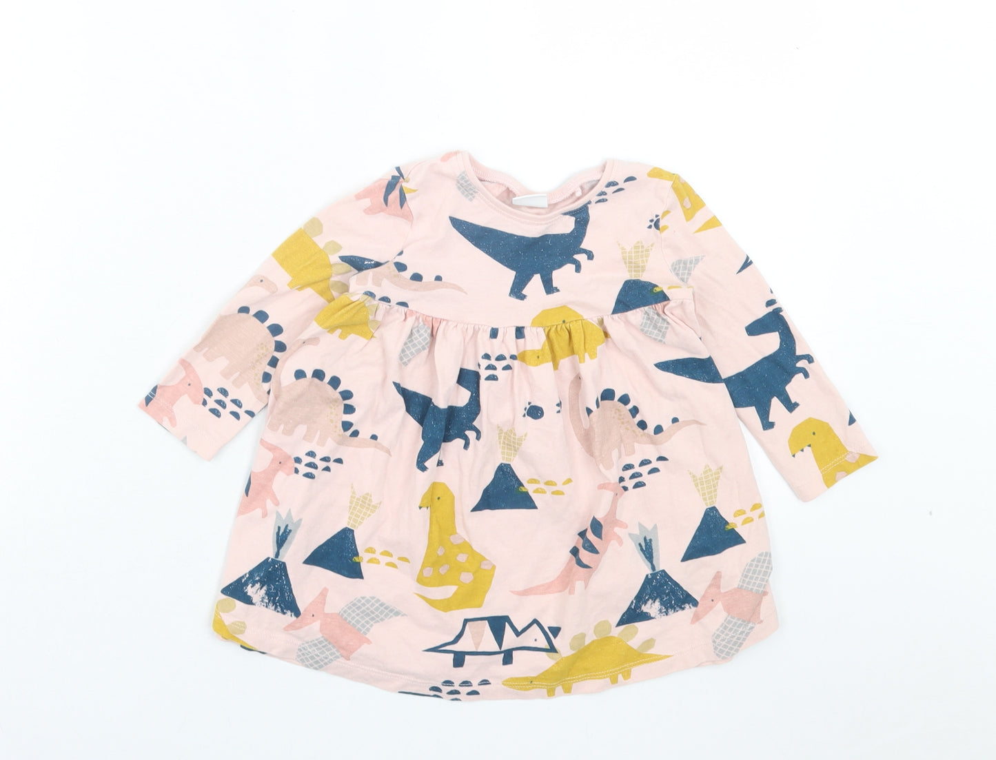 NEXT Girls Pink Geometric Cotton A-Line Size 12-18 Months Crew Neck Pullover - Dinosaur Print