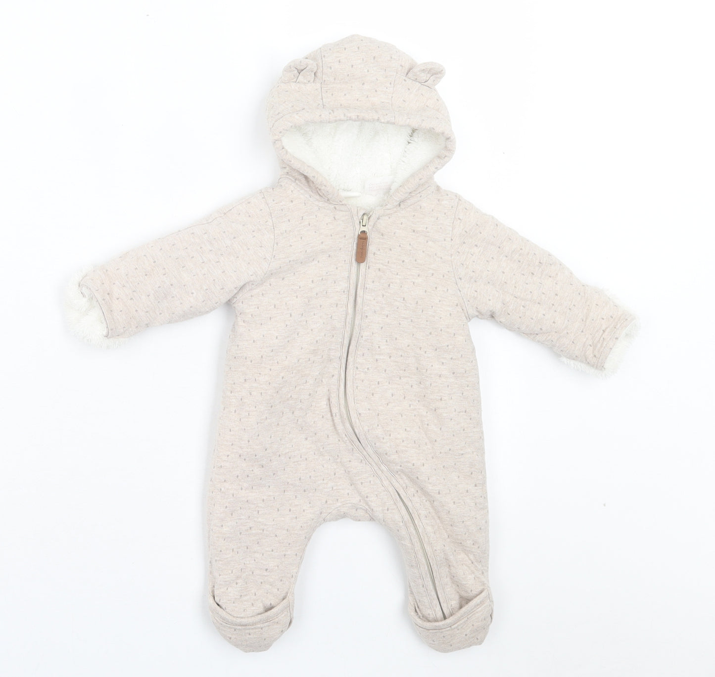 H&M Baby Brown Polka Dot Cotton Babygrow One-Piece Size 0-3 Months Zip - Hood Ears