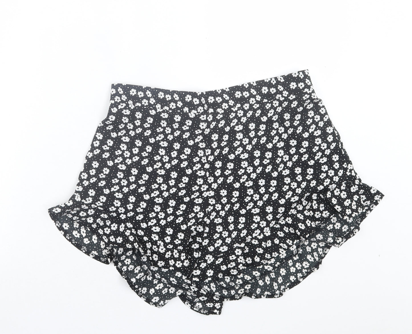 Boohoo Womens Black Floral Polyester Paperbag Shorts Size 14 Regular Pull On