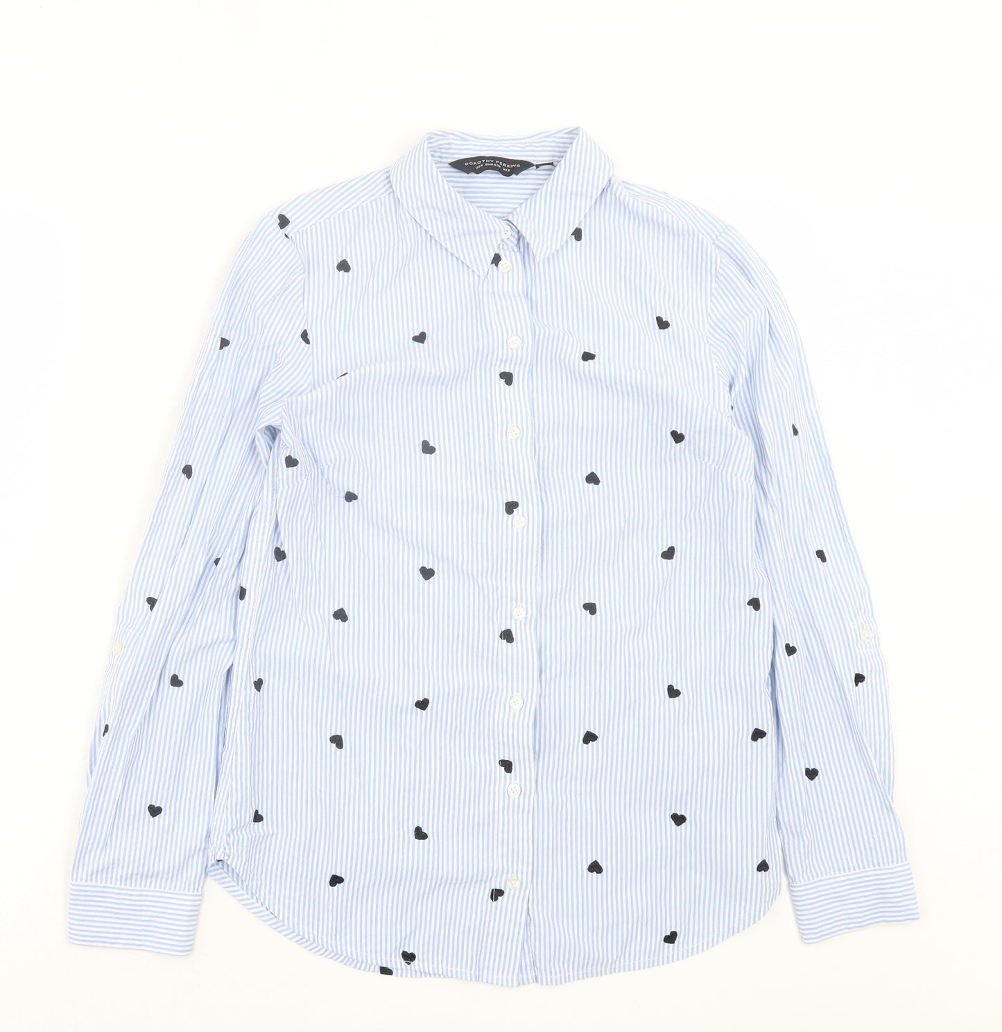 Dorothy Perkins Womens Blue Striped Cotton Basic Button-Up Size 8 Collared - Heart