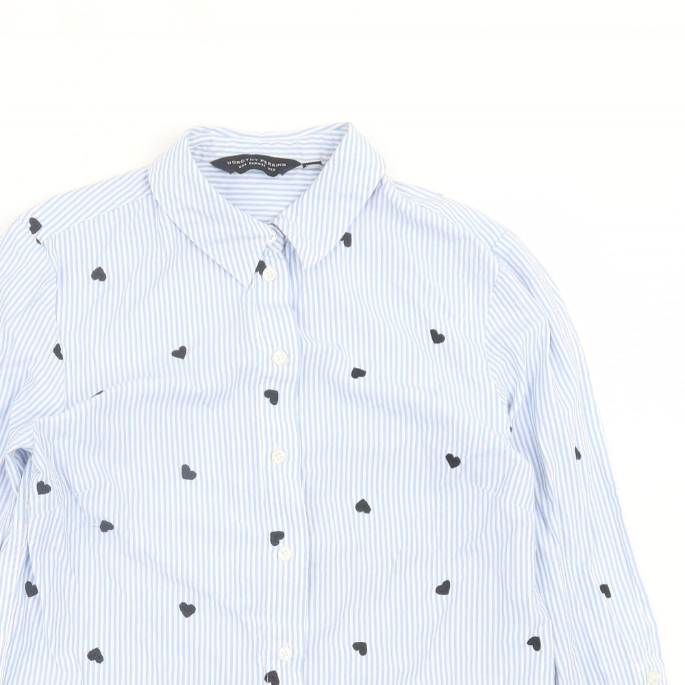 Dorothy Perkins Womens Blue Striped Cotton Basic Button-Up Size 8 Collared - Heart