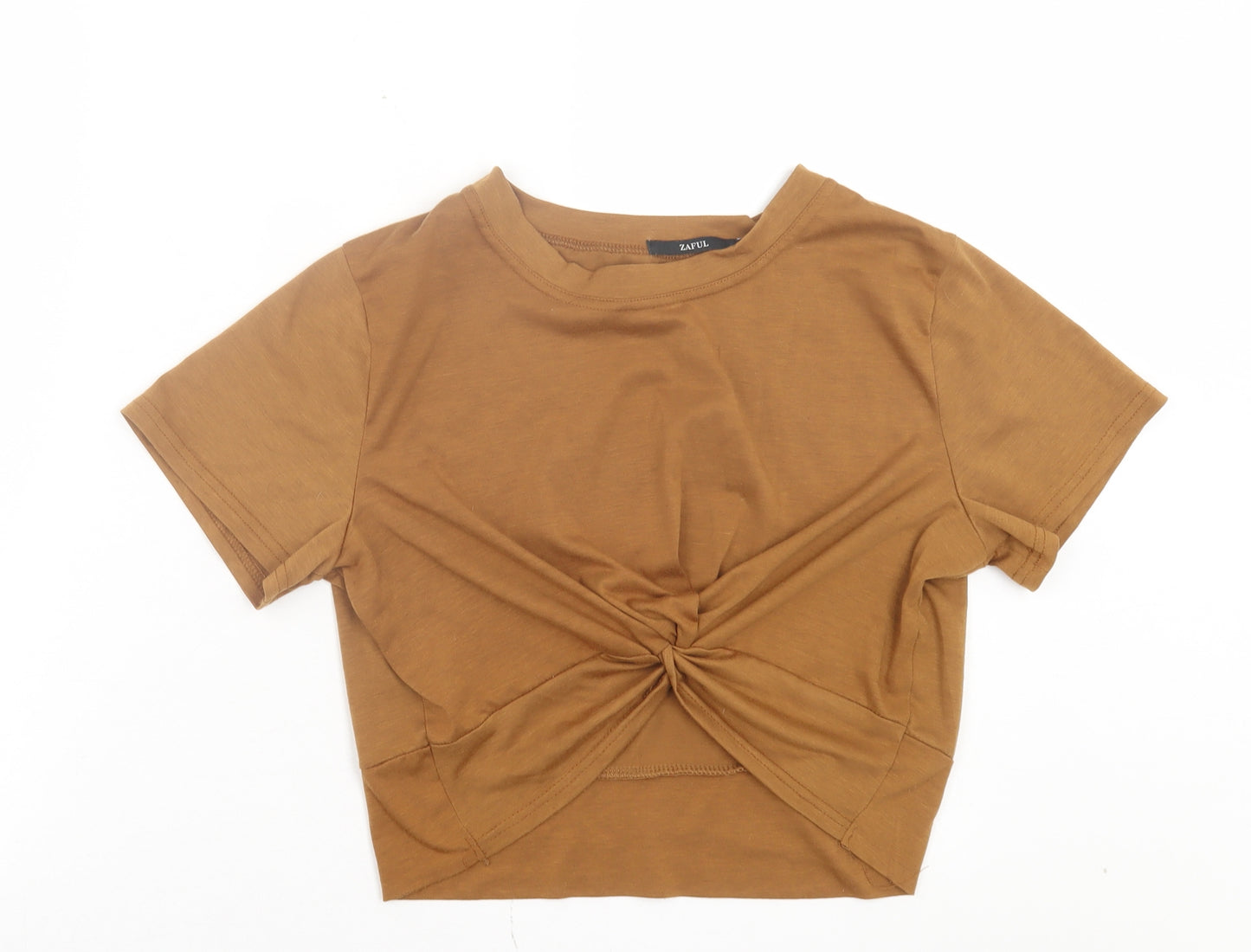 Zaful Womens Brown Polyester Cropped T-Shirt Size S Crew Neck - Tie At Front