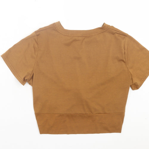 Zaful Womens Brown Polyester Cropped T-Shirt Size S Crew Neck - Tie At Front