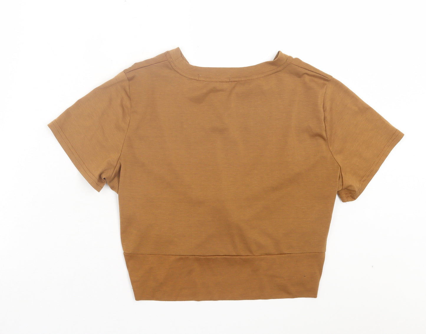 Zaful Womens Brown Polyester Cropped T-Shirt Size S Crew Neck - Tie At Front