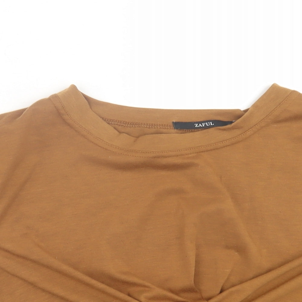 Zaful Womens Brown Polyester Cropped T-Shirt Size S Crew Neck - Tie At Front