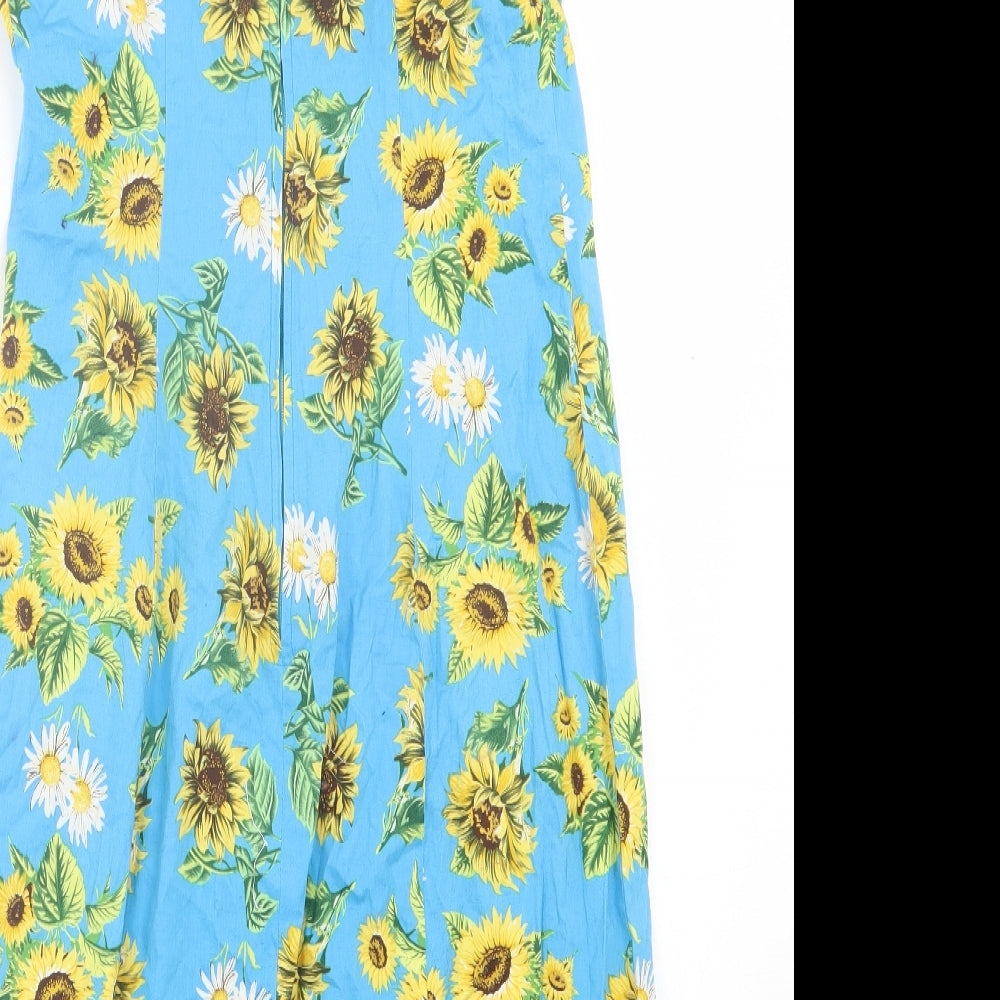 Hell Bunny Womens Blue Floral Polyester A-Line Size S V-Neck Zip