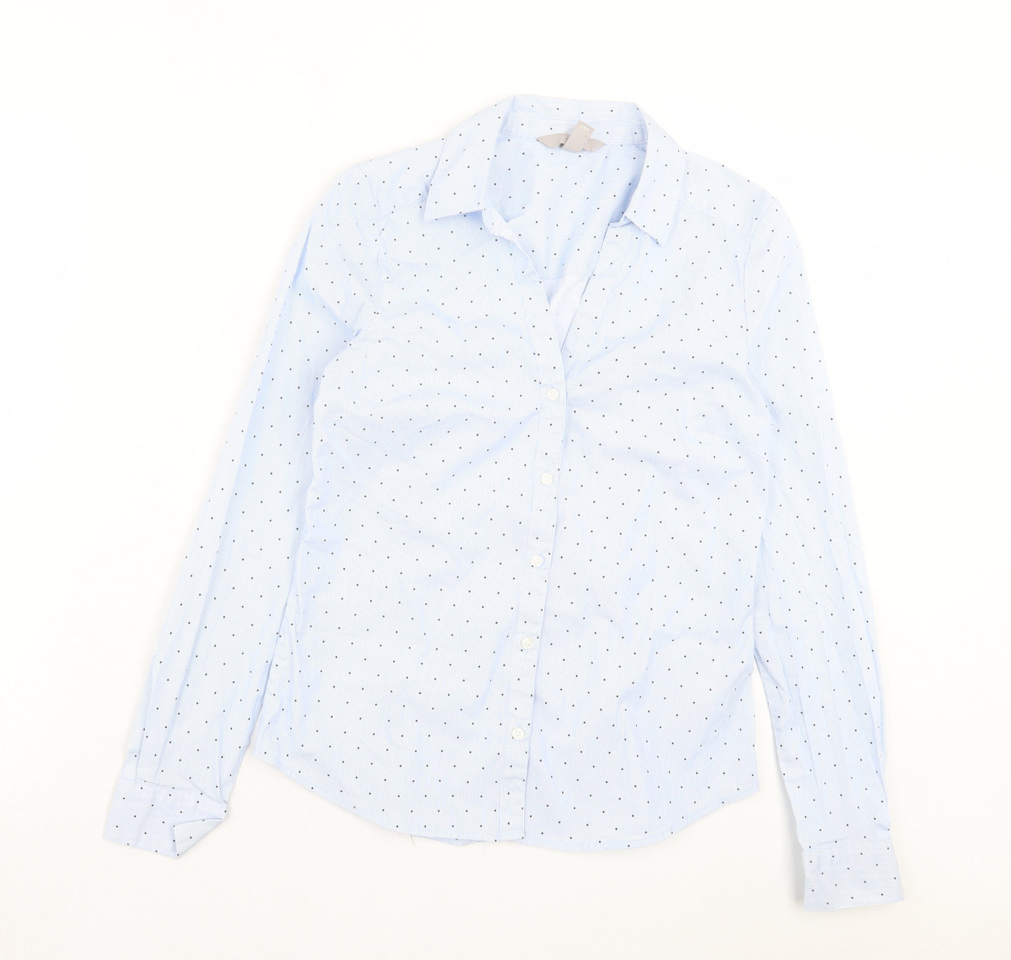 H&M Womens Blue Polka Dot Cotton Basic Button-Up Size 8 Collared - Polka Dot