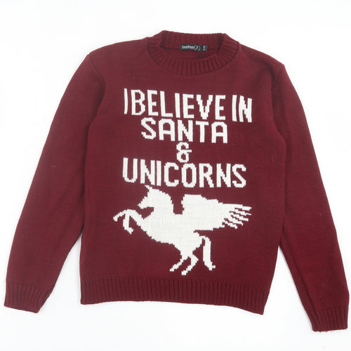 Boohoo Womens Red Crew Neck Acrylic Pullover Jumper Size S - I Believe In Santa & Unicorns