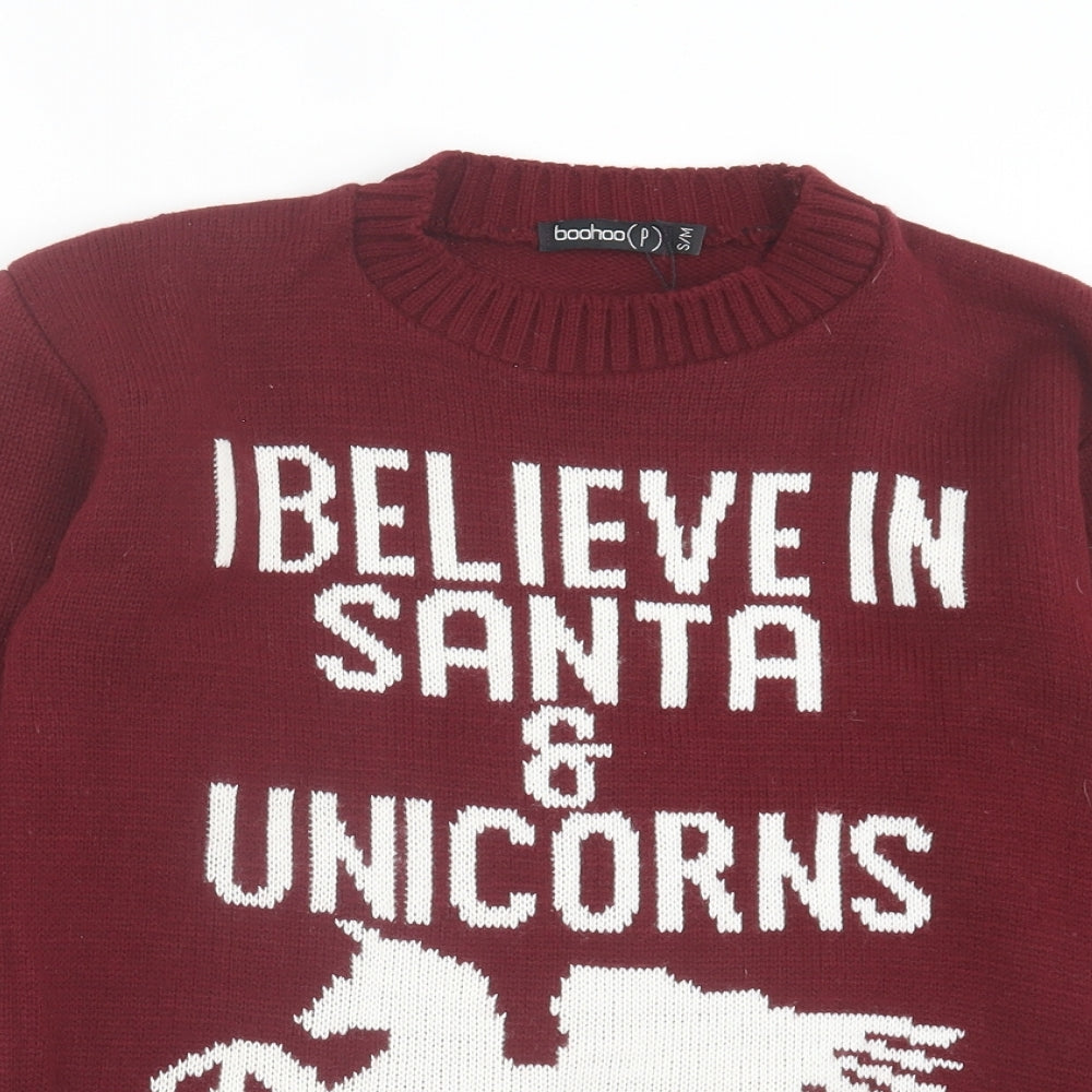 Boohoo Womens Red Crew Neck Acrylic Pullover Jumper Size S - I Believe In Santa & Unicorns