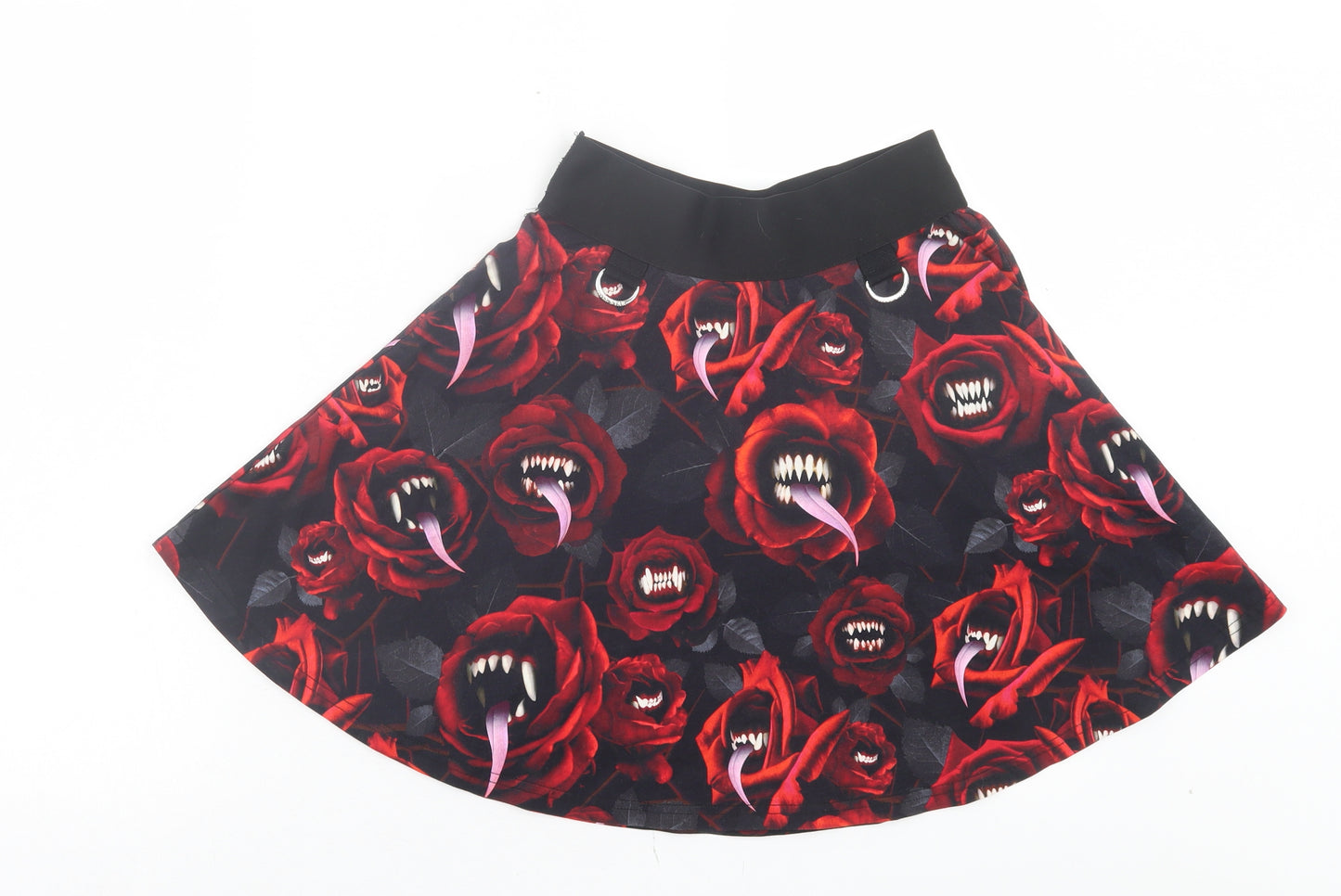KILLSTAR Womens Red Floral Polyester Skater Skirt Size S - Roses & Teeth