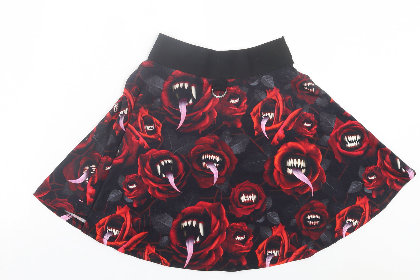 KILLSTAR Womens Red Floral Polyester Skater Skirt Size S - Roses & Teeth