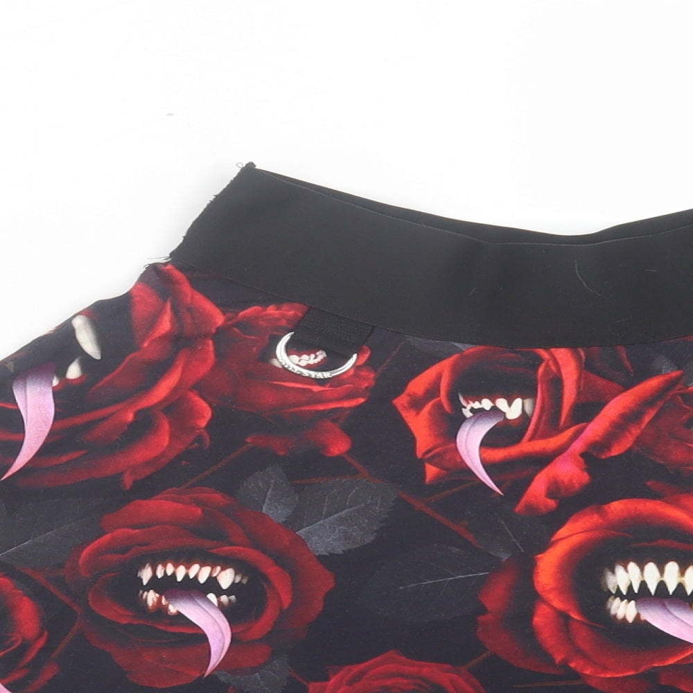 KILLSTAR Womens Red Floral Polyester Skater Skirt Size S - Roses & Teeth