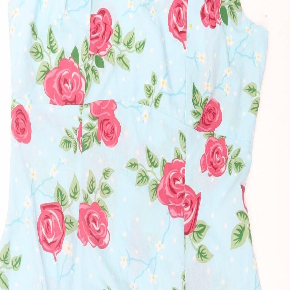 Hell Bunny Womens Blue Floral Polyester A-Line Size M Halter Button