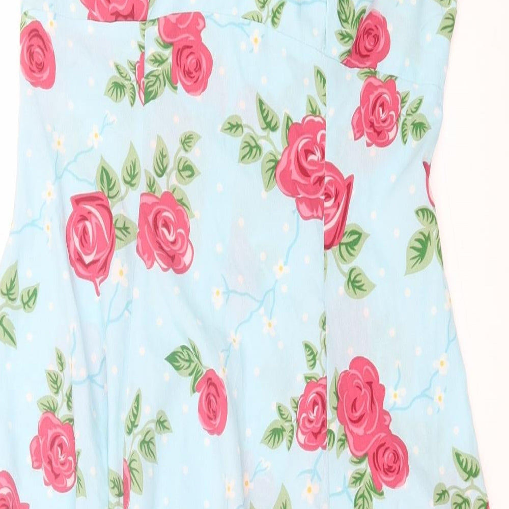 Hell Bunny Womens Blue Floral Polyester A-Line Size M Halter Button