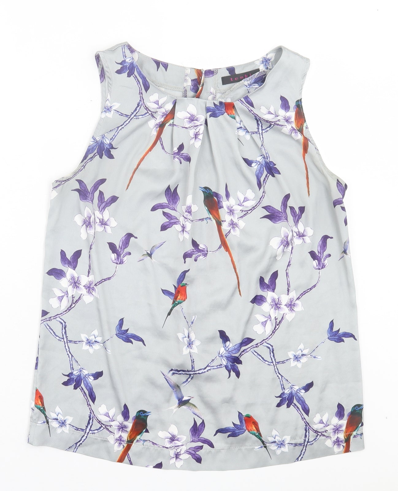 TENKI Womens Grey Floral Polyester Basic Tank Size S Crew Neck