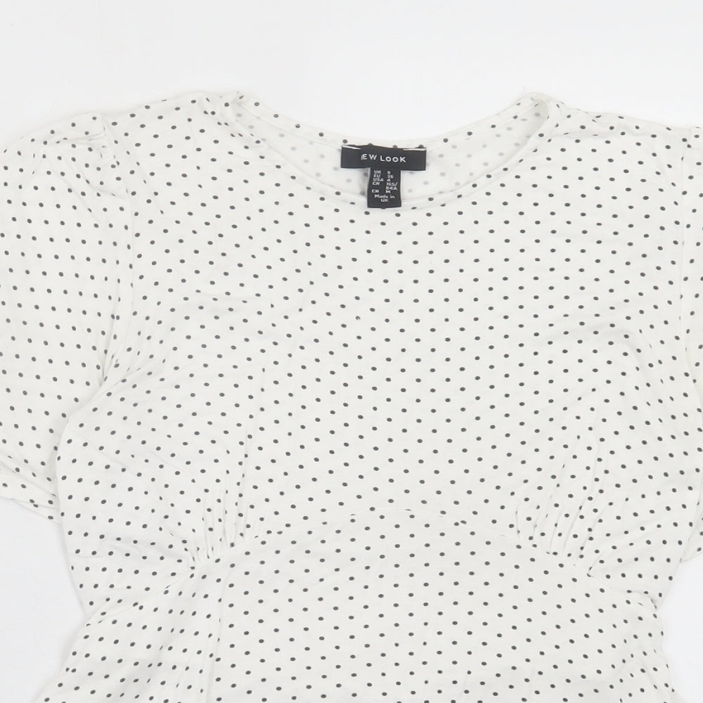 New Look Womens White Polka Dot Viscose Basic T-Shirt Size 8 Crew Neck