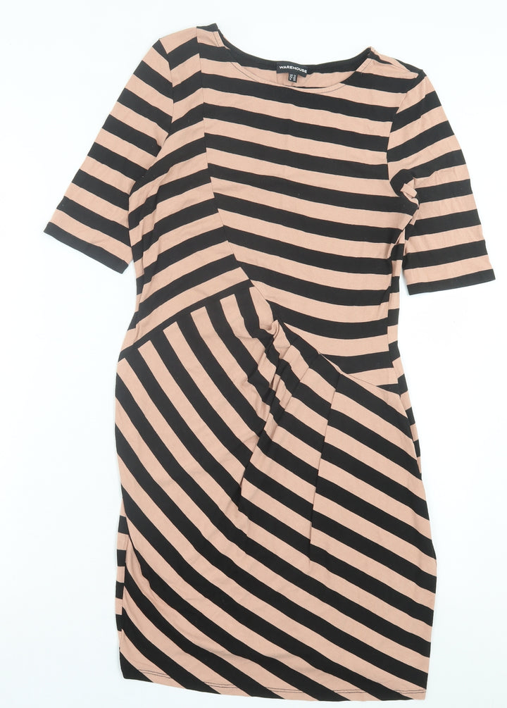 Warehouse Womens Pink Striped Viscose A-Line Size 12 Crew Neck Pullover
