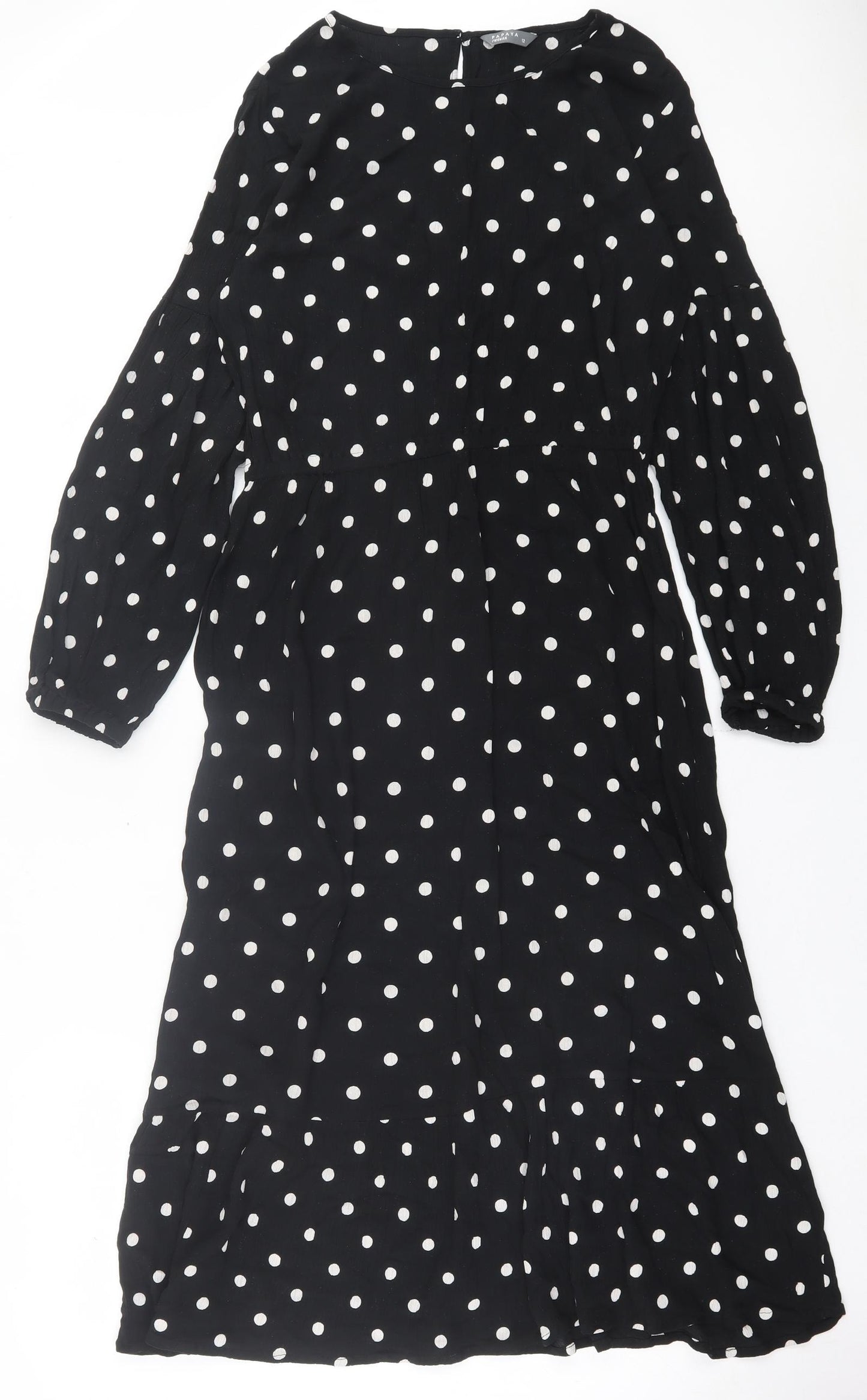 Papaya Womens Black Polka Dot Viscose A-Line Size 12 Crew Neck Button