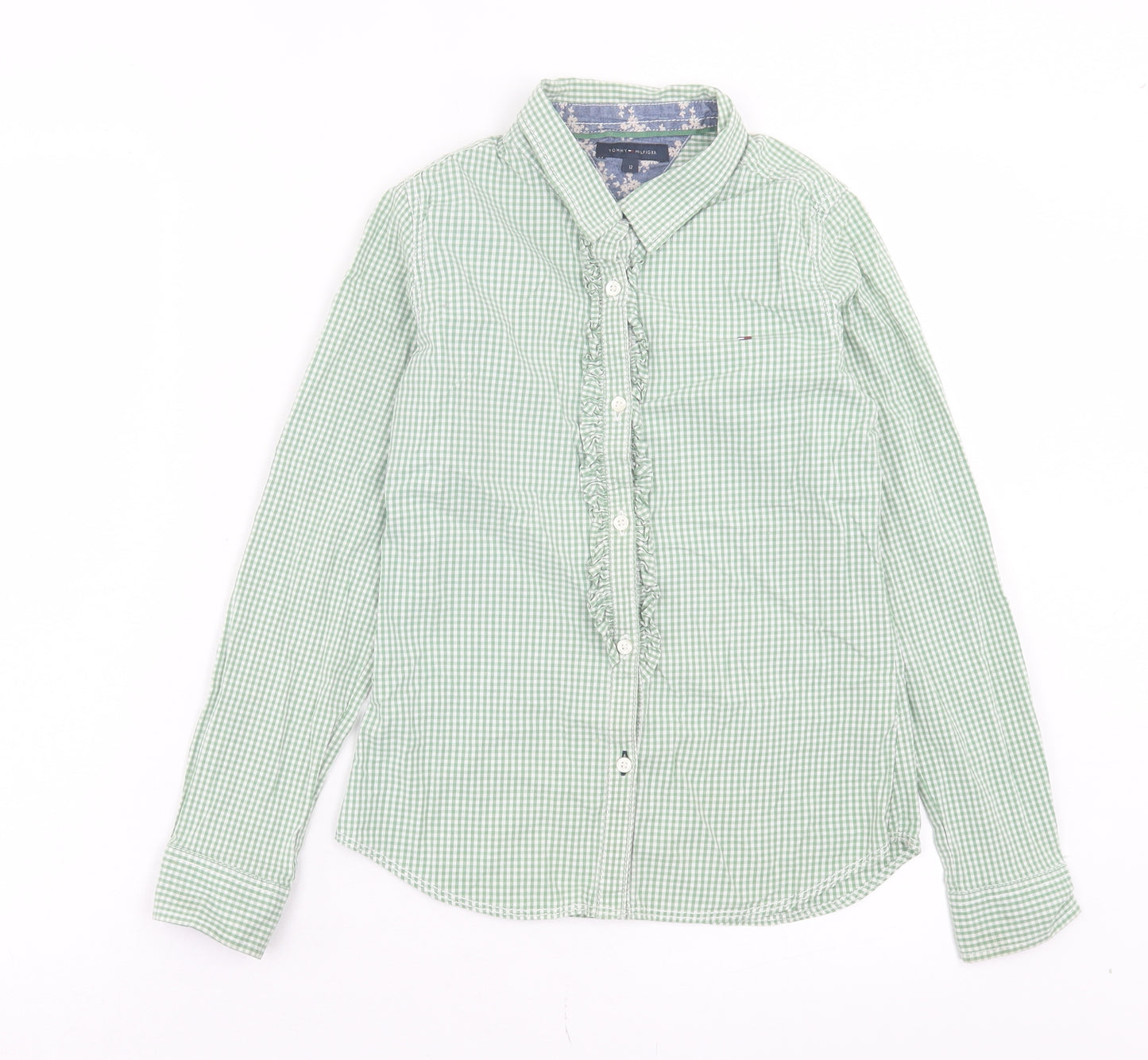 Tommy Hilfiger Girls Green Gingham Cotton Basic Button-Up Size 12 Years Collared Button