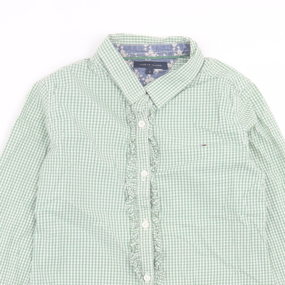 Tommy Hilfiger Girls Green Gingham Cotton Basic Button-Up Size 12 Years Collared Button