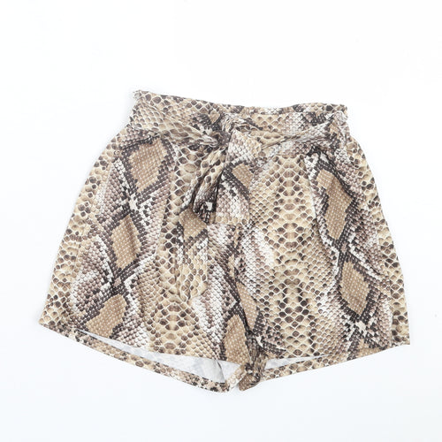 PRETTYLITTLETHING Womens Brown Animal Print Polyester Paperbag Shorts Size 4 Regular Pull On - Snake Print