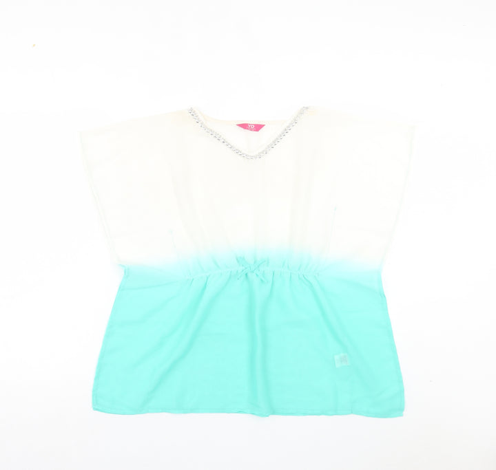Young Dimension Girls Blue Tie Dye Polyester A-Line Size 8-9 Years V-Neck Pullover - Beach Cover Up
