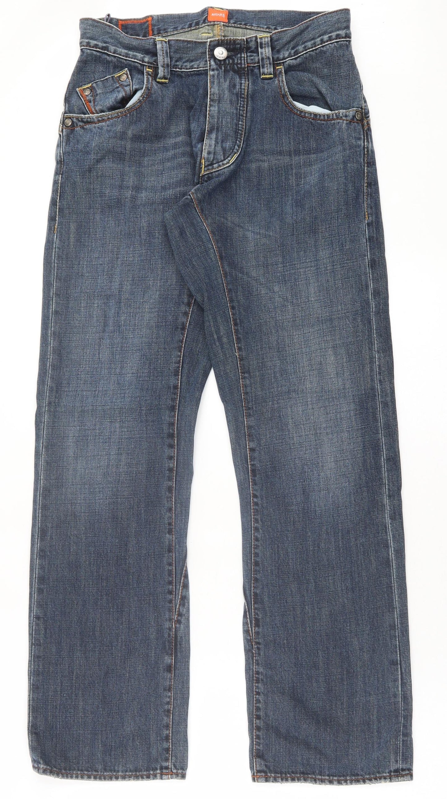 HUGO BOSS Mens Blue Cotton Straight Jeans Size 32 in L32 in Regular Button
