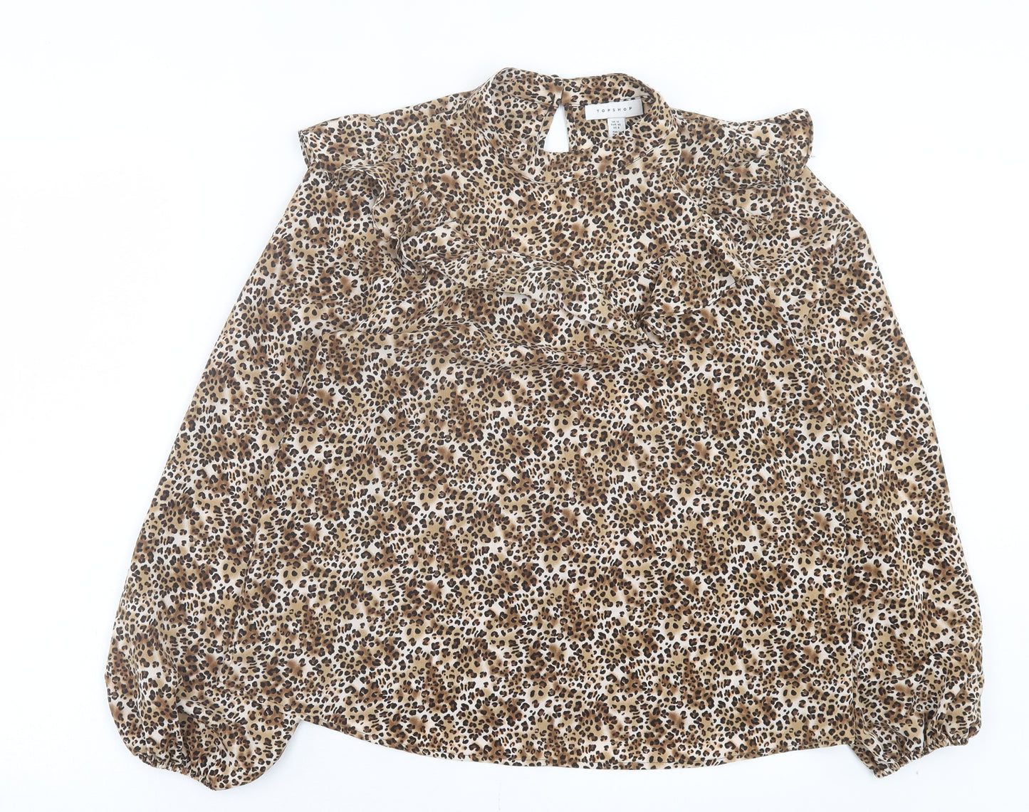 Topshop Womens Brown Animal Print Polyester Basic Blouse Size 12 Round Neck