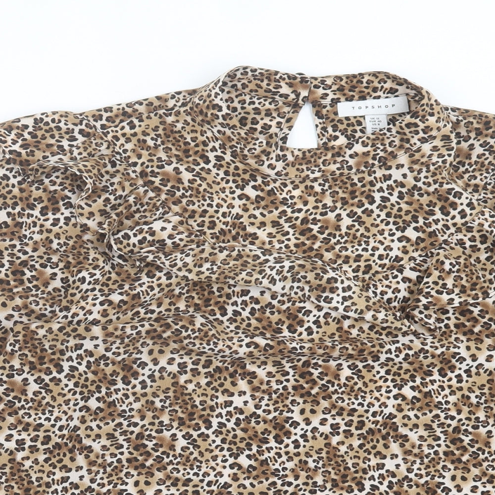 Topshop Womens Brown Animal Print Polyester Basic Blouse Size 12 Round Neck