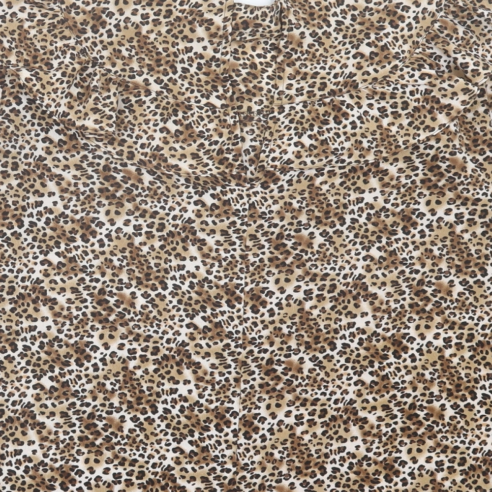 Topshop Womens Brown Animal Print Polyester Basic Blouse Size 12 Round Neck