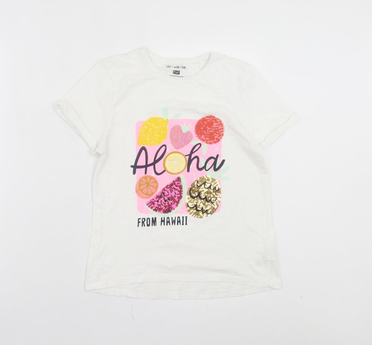 F&F Girls White Cotton Basic T-Shirt Size 11-12 Years Crew Neck Pullover - Hawaii Fruit