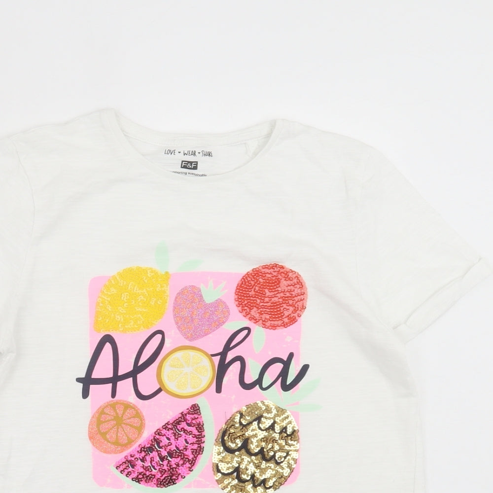 F&F Girls White Cotton Basic T-Shirt Size 11-12 Years Crew Neck Pullover - Hawaii Fruit