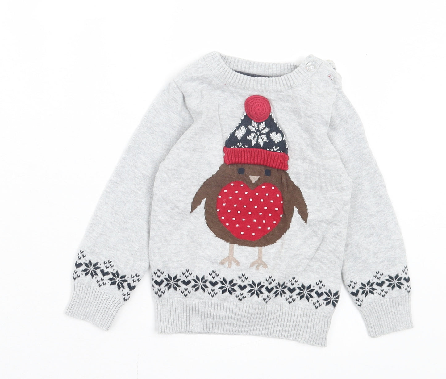 Young Dimension Boys Grey Cotton Pullover Jumper Size 12-18 Months Button - Robin Christmas