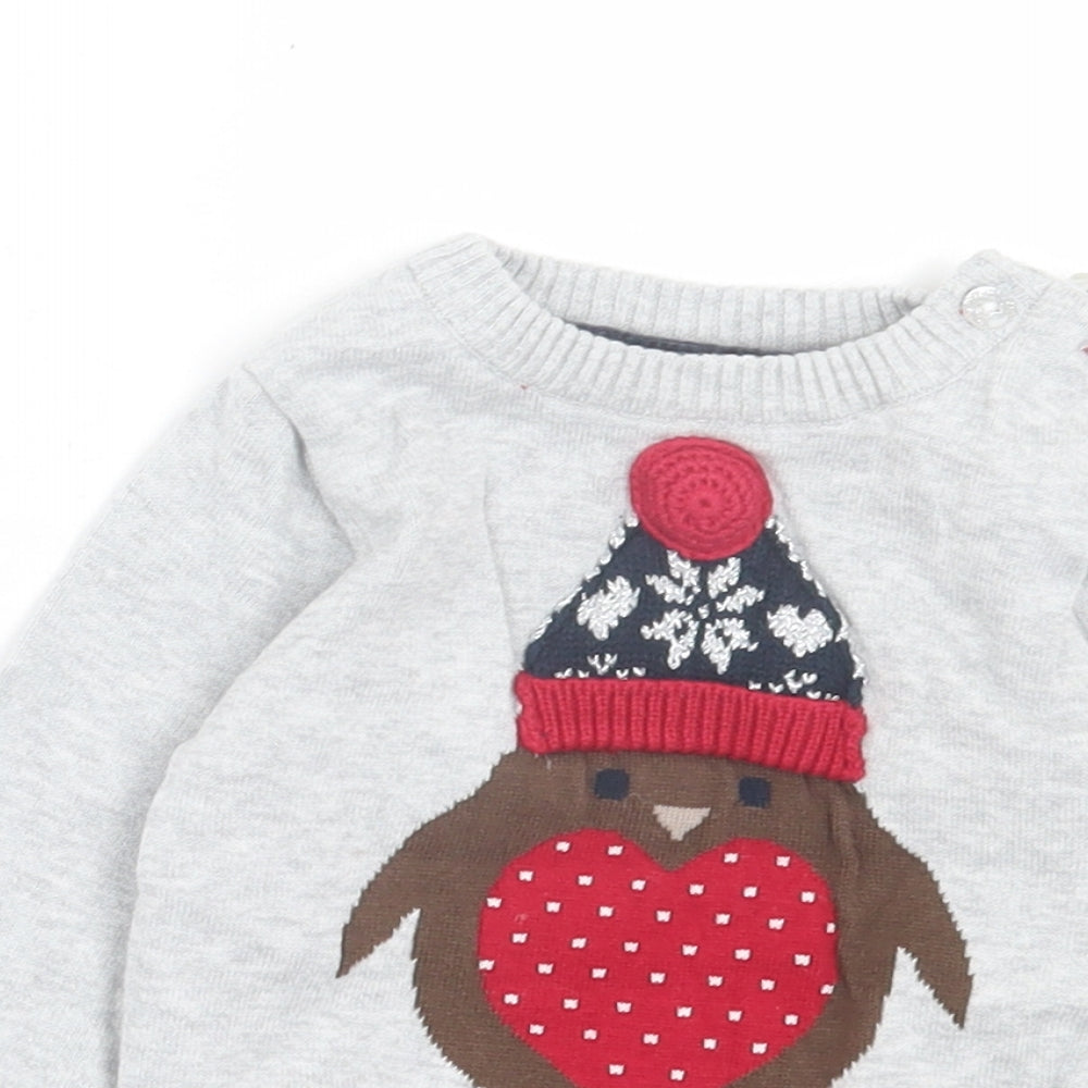 Young Dimension Boys Grey Cotton Pullover Jumper Size 12-18 Months Button - Robin Christmas