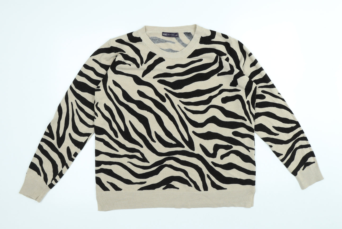 Marks and Spencer Womens Beige Round Neck Animal Print Acrylic Pullover Jumper Size 18