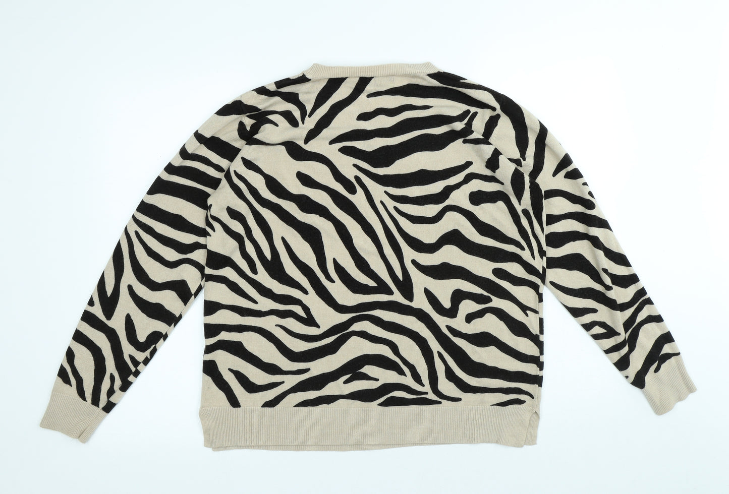 Marks and Spencer Womens Beige Round Neck Animal Print Acrylic Pullover Jumper Size 18