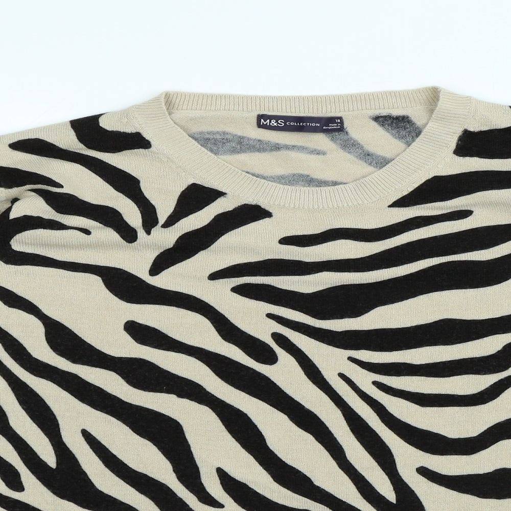 Marks and Spencer Womens Beige Round Neck Animal Print Acrylic Pullover Jumper Size 18