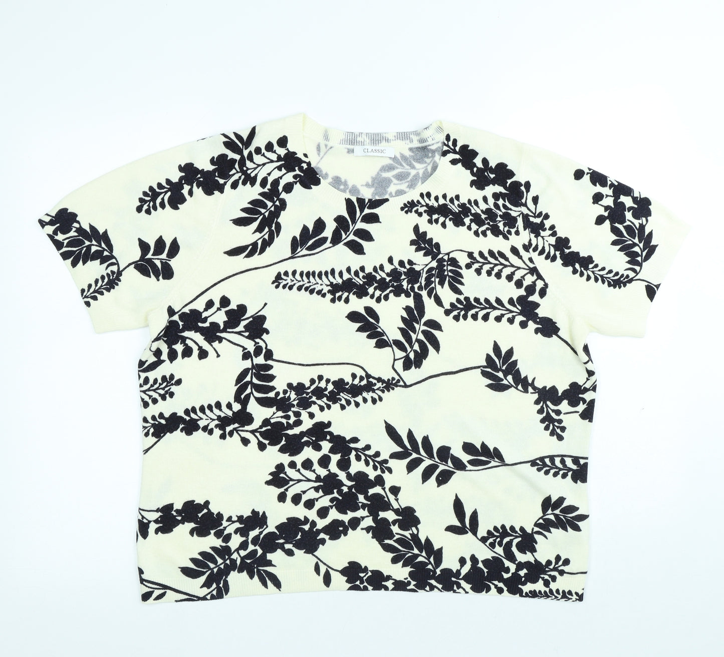 Marks and Spencer Womens White Floral Acrylic Basic T-Shirt Size 18 Round Neck