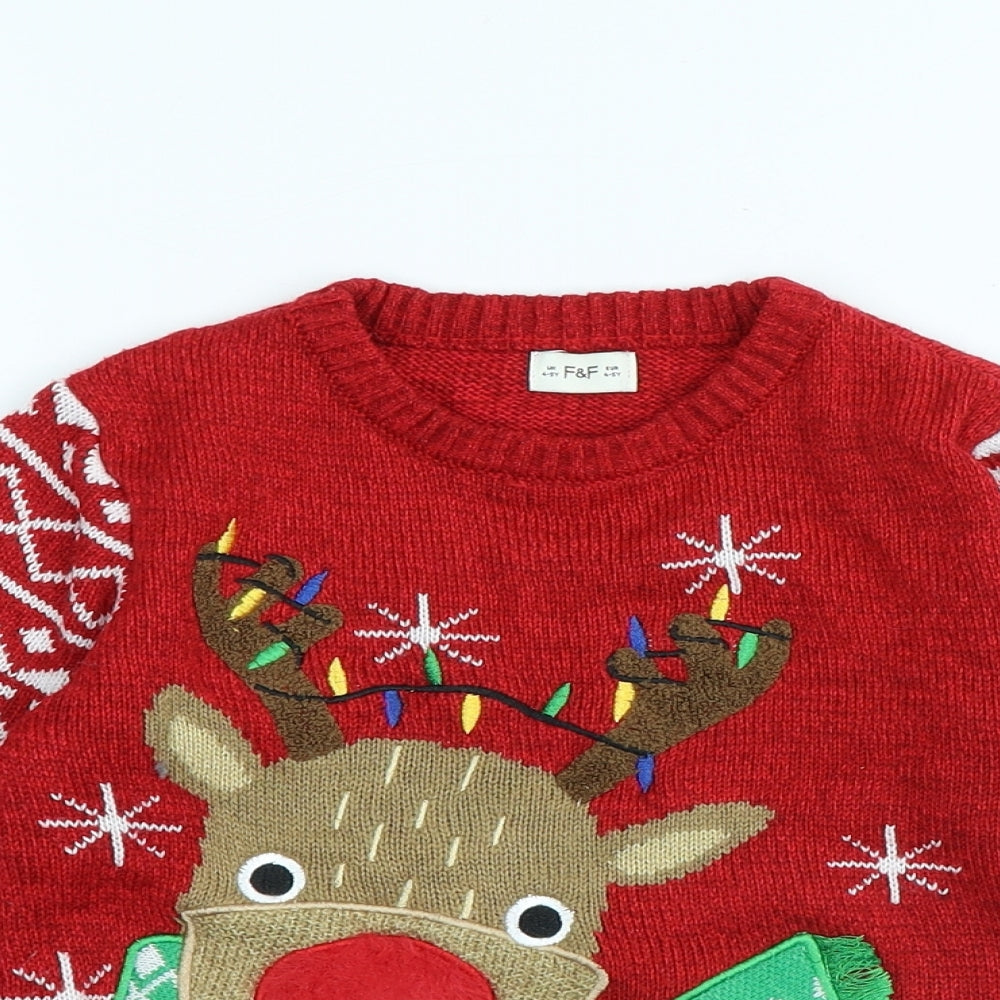 F&F Boys Red Round Neck Polyester Pullover Jumper Size 4-5 Years - Reindeer Christmas
