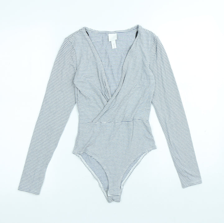 H&M Womens Blue Striped Viscose Bodysuit One-Piece Size XS Snap