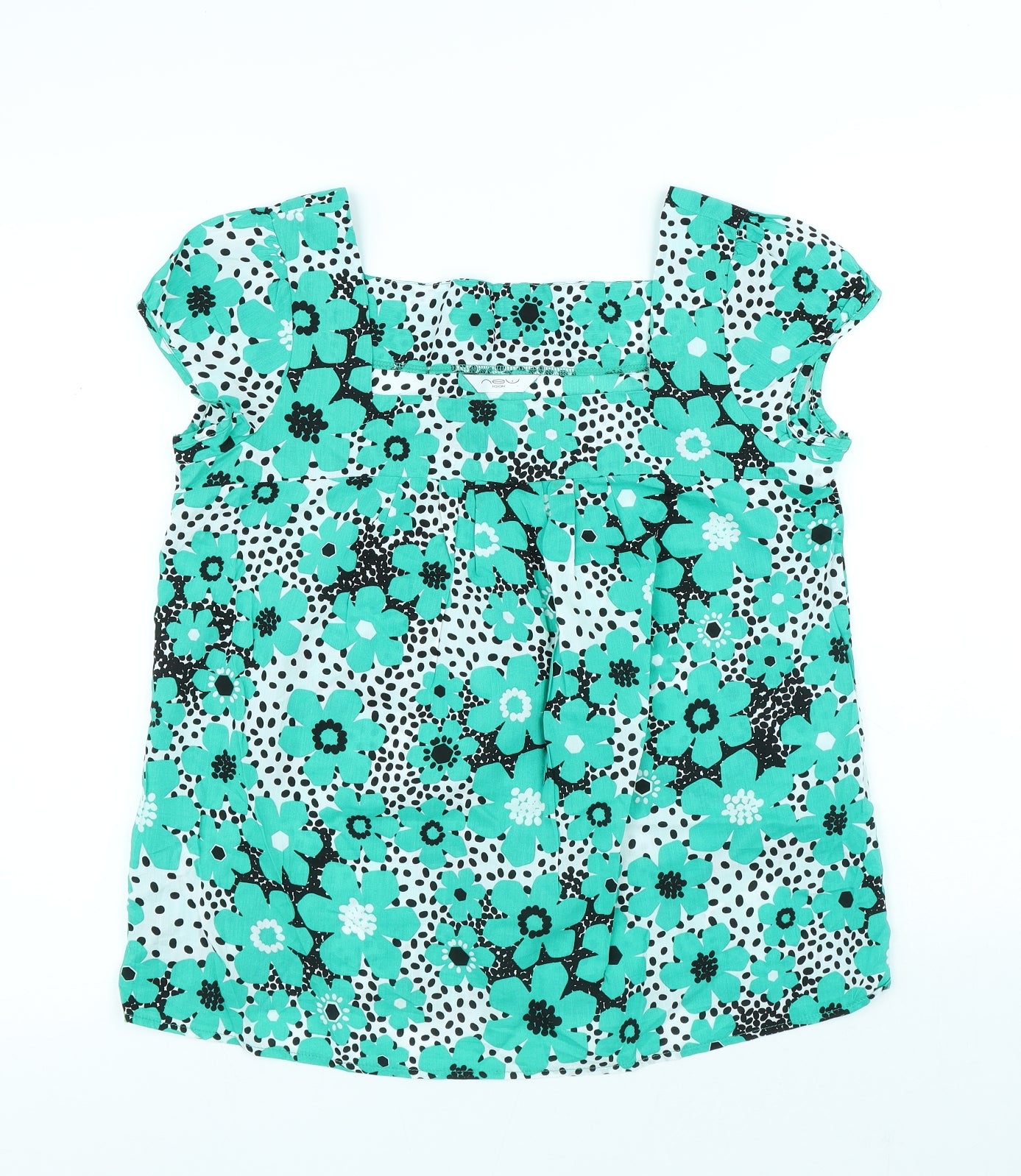New Look Womens Green Floral Cotton Basic Blouse Size 12 Square Neck