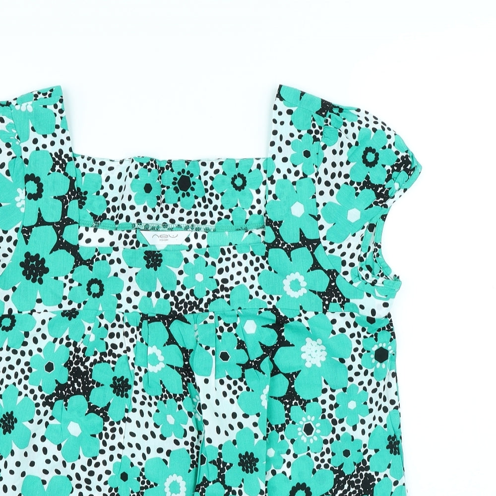 New Look Womens Green Floral Cotton Basic Blouse Size 12 Square Neck