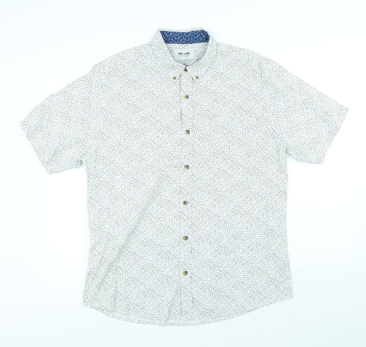 ONLY & SONS Mens White Floral Cotton Button-Up Size XL Collared Button