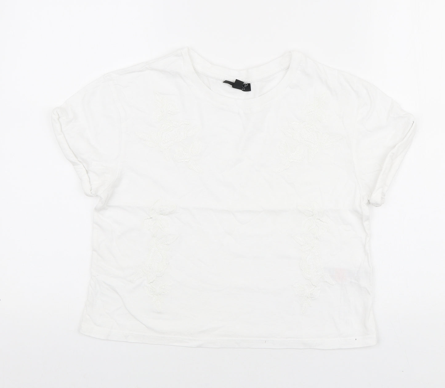 Topshop Womens White Cotton Cropped T-Shirt Size 6 Round Neck - Embroidered Flowers