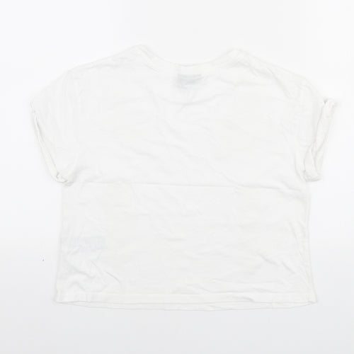 Topshop Womens White Cotton Cropped T-Shirt Size 6 Round Neck - Embroidered Flowers